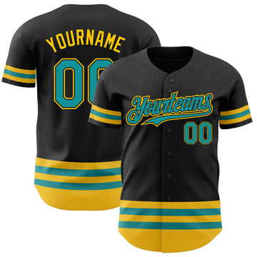 Custom Black Teal-Yellow Line Authentic Baseball Jersey