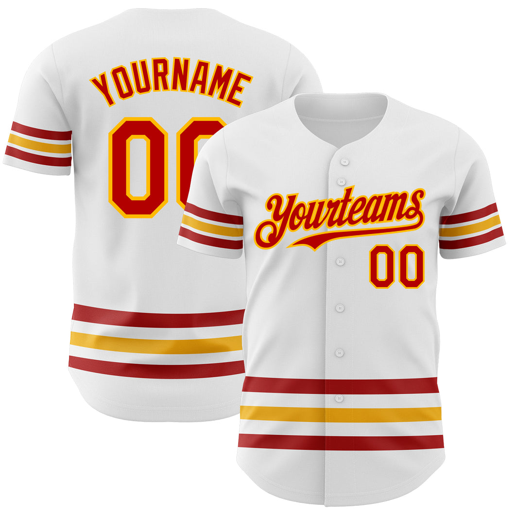 Custom White Red-Gold Line Authentic Baseball Jersey