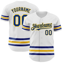 Laden Sie das Bild in den Galerie-Viewer, Custom White Royal-Yellow Line Authentic Baseball Jersey
