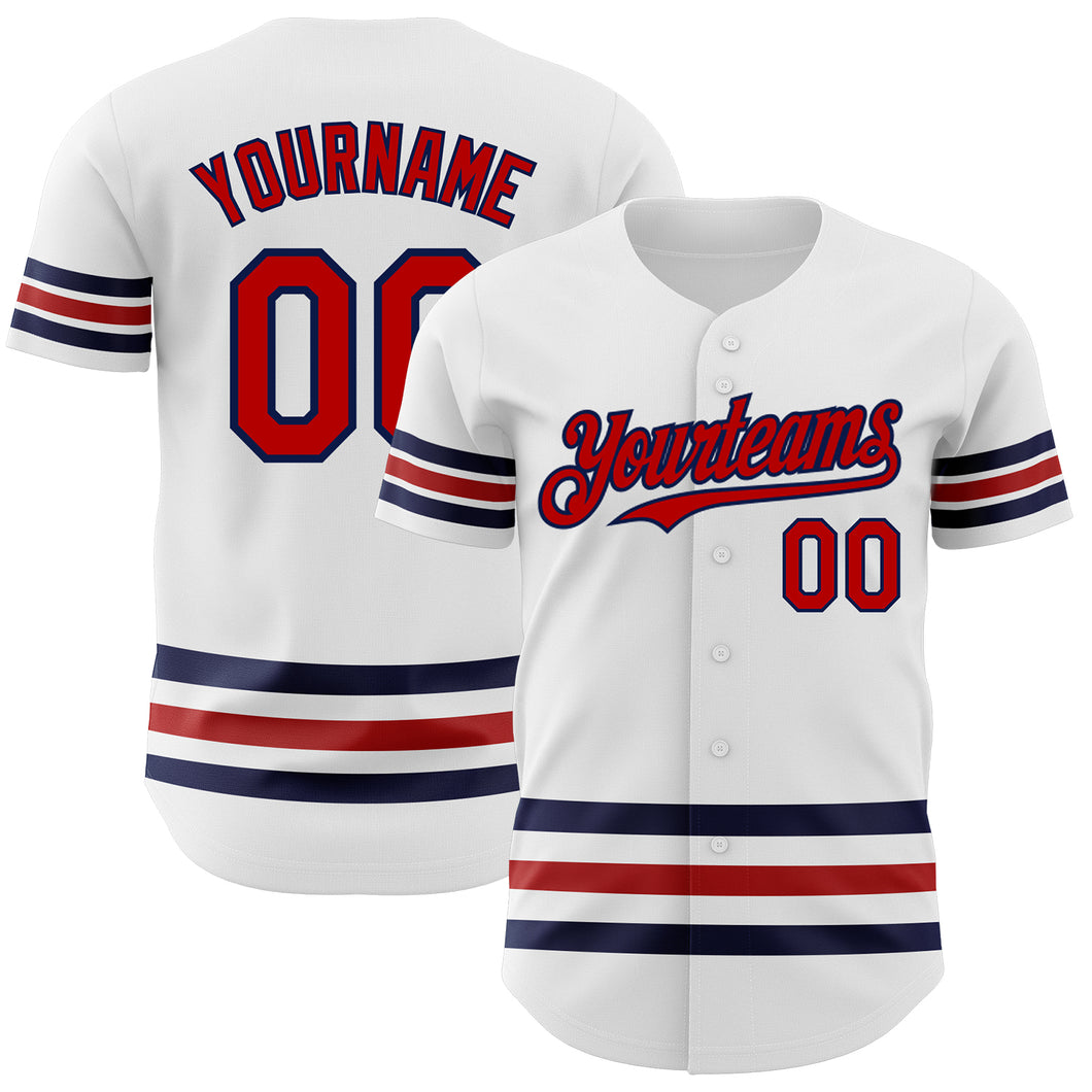 Custom White Red-Navy Line Authentic Baseball Jersey