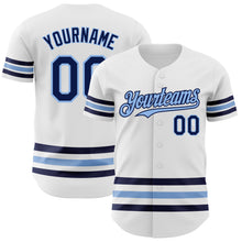 Laden Sie das Bild in den Galerie-Viewer, Custom White Navy-Light Blue Line Authentic Baseball Jersey
