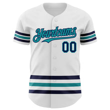 Laden Sie das Bild in den Galerie-Viewer, Custom White Navy-Teal Line Authentic Baseball Jersey
