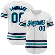 Laden Sie das Bild in den Galerie-Viewer, Custom White Navy-Teal Line Authentic Baseball Jersey
