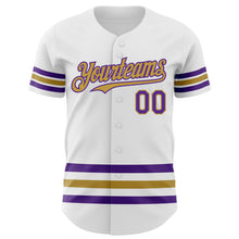 Laden Sie das Bild in den Galerie-Viewer, Custom White Purple-Old Gold Line Authentic Baseball Jersey
