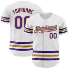 Laden Sie das Bild in den Galerie-Viewer, Custom White Purple-Old Gold Line Authentic Baseball Jersey
