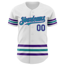 Laden Sie das Bild in den Galerie-Viewer, Custom White Purple-Teal Line Authentic Baseball Jersey
