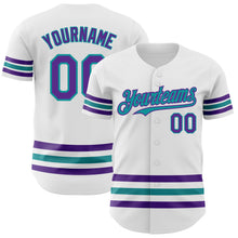 Laden Sie das Bild in den Galerie-Viewer, Custom White Purple-Teal Line Authentic Baseball Jersey
