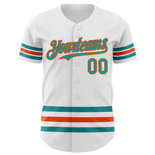 Laden Sie das Bild in den Galerie-Viewer, Custom White Teal-Orange Line Authentic Baseball Jersey
