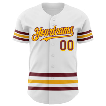 Custom White Burgundy-Gold Line Authentic Baseball Jersey