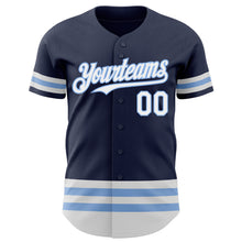 Load image into Gallery viewer, Custom Navy White-Light Blue Line Authentic Baseball Jersey
