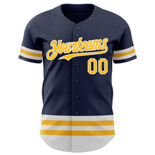 Load image into Gallery viewer, Custom Navy Gold-White Line Authentic Baseball Jersey
