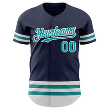 Load image into Gallery viewer, Custom Navy Teal-White Line Authentic Baseball Jersey
