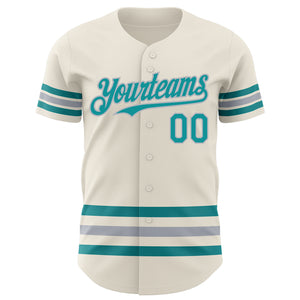 Custom Cream Teal-Gray Line Authentic Baseball Jersey