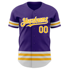 Laden Sie das Bild in den Galerie-Viewer, Custom Purple Gold-White Line Authentic Baseball Jersey
