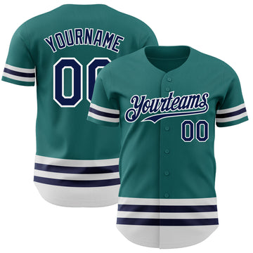 Custom Teal Navy-White Line Authentic Baseball Jersey