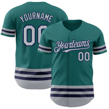 Load image into Gallery viewer, Custom Teal Gray-Navy Line Authentic Baseball Jersey
