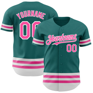 Custom Teal Pink-White Line Authentic Baseball Jersey