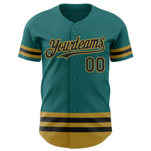 Laden Sie das Bild in den Galerie-Viewer, Custom Teal Black-Old Gold Line Authentic Baseball Jersey
