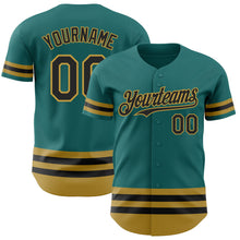 Laden Sie das Bild in den Galerie-Viewer, Custom Teal Black-Old Gold Line Authentic Baseball Jersey
