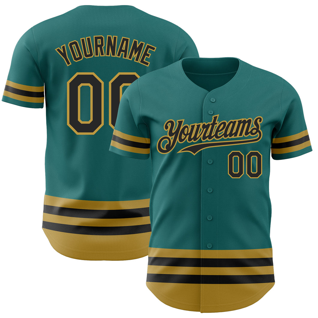 Custom Teal Black-Old Gold Line Authentic Baseball Jersey