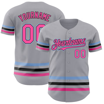 Custom Gray Pink Black-Light Blue Line Authentic Baseball Jersey