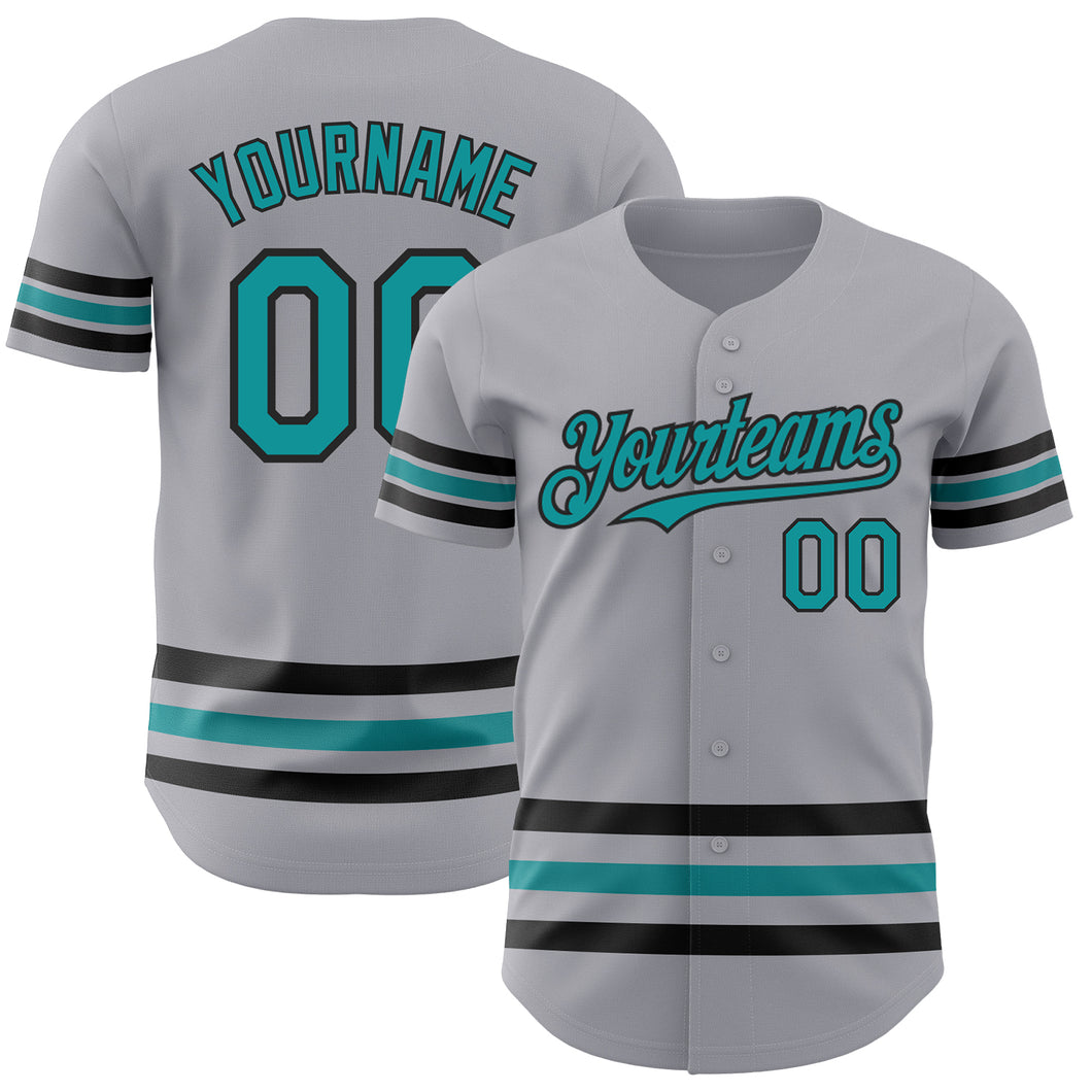 Custom Gray Teal-Black Line Authentic Baseball Jersey