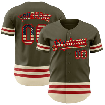 Custom Olive Vintage USA Flag Red-Cream Line Authentic Salute To Service Baseball Jersey