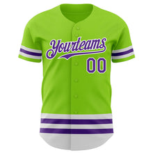 Laden Sie das Bild in den Galerie-Viewer, Custom Neon Green Purple-White Line Authentic Baseball Jersey
