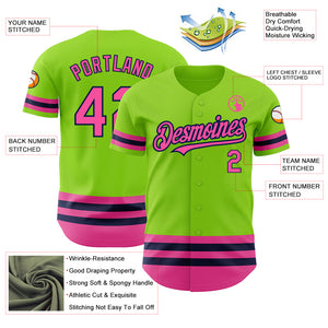 Custom Neon Green Pink-Navy Line Authentic Baseball Jersey