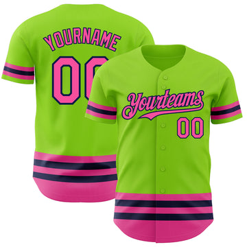 Custom Neon Green Pink-Navy Line Authentic Baseball Jersey