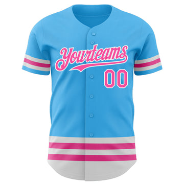 Custom Sky Blue Pink-White Line Authentic Baseball Jersey