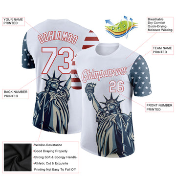 Custom White Red 3D American Flag Statue of Liberty Patriotic Performance T-Shirt