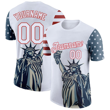 Custom White Red 3D American Flag Statue of Liberty Patriotic Performance T-Shirt