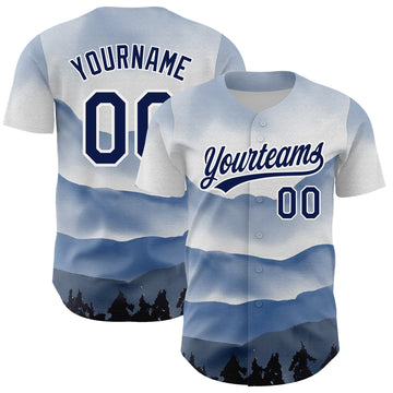 Custom White Navy 3D Pattern Design Watercolor Mountains Authentic Baseball Jersey