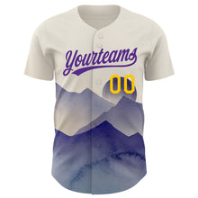 Laden Sie das Bild in den Galerie-Viewer, Custom Cream Yellow-Purple 3D Pattern Design Watercolor Mountains Authentic Baseball Jersey
