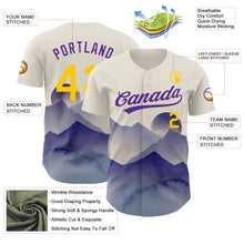 Laden Sie das Bild in den Galerie-Viewer, Custom Cream Yellow-Purple 3D Pattern Design Watercolor Mountains Authentic Baseball Jersey
