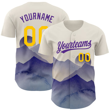 Custom Cream Yellow-Purple 3D Pattern Design Watercolor Mountains Authentic Baseball Jersey