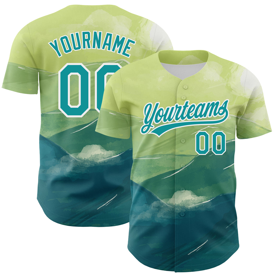 Custom Green Teal-White 3D Pattern Design Watercolor Mountains Authentic Baseball Jersey