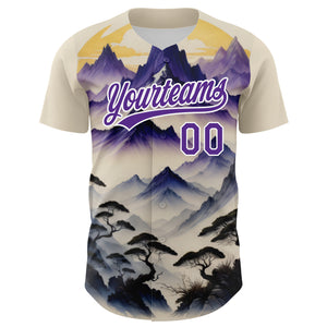 Custom White Purple 3D Pattern Design Mountains Landscape Authentic Baseball Jersey