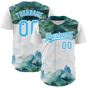 Custom White Sky Blue 3D Pattern Design Mountains Landscape Authentic Baseball Jersey