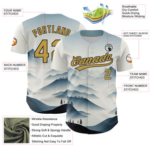 Custom White Old Gold-Black 3D Pattern Design Mountains Landscape Authentic Baseball Jersey