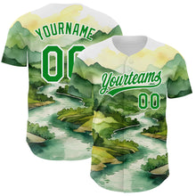 Load image into Gallery viewer, Custom White Grass Green 3D Pattern Design Mountains Landscape Authentic Baseball Jersey
