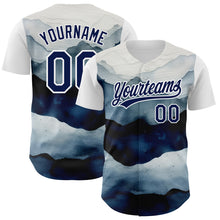 Load image into Gallery viewer, Custom White Navy 3D Pattern Design Watercolor Mountains Authentic Baseball Jersey
