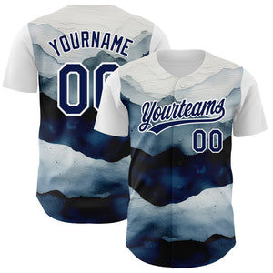 Custom White Navy 3D Pattern Design Watercolor Mountains Authentic Baseball Jersey