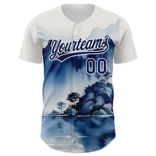 Load image into Gallery viewer, Custom White Navy 3D Pattern Design Abstract Watercolor Mountains Authentic Baseball Jersey
