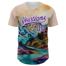 Load image into Gallery viewer, Custom White Purple 3D Pattern Design Mountains Landscape Authentic Baseball Jersey
