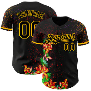 Custom Black Gold 3D Pattern Design Holi Festival Color Powder Authentic Baseball Jersey