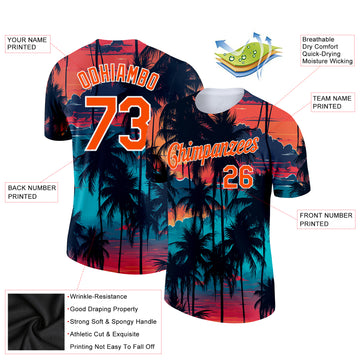 Custom Black Orange-White 3D Pattern Design Tropical Hawaii Palms Trees Performance T-Shirt