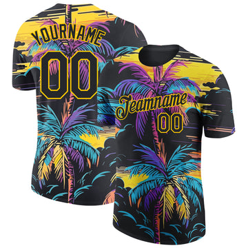 Custom Black Yellow 3D Pattern Design Tropical Hawaii Palms Trees Performance T-Shirt
