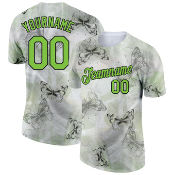 Custom Gray Neon Green-Black 3D Pattern Design Butterfly Performance T-Shirt